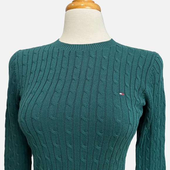 NWT Tommy Hilfiger Cable Knit Sweater Cypress Green 100% Cotton XS-S - Picture 4 of 8